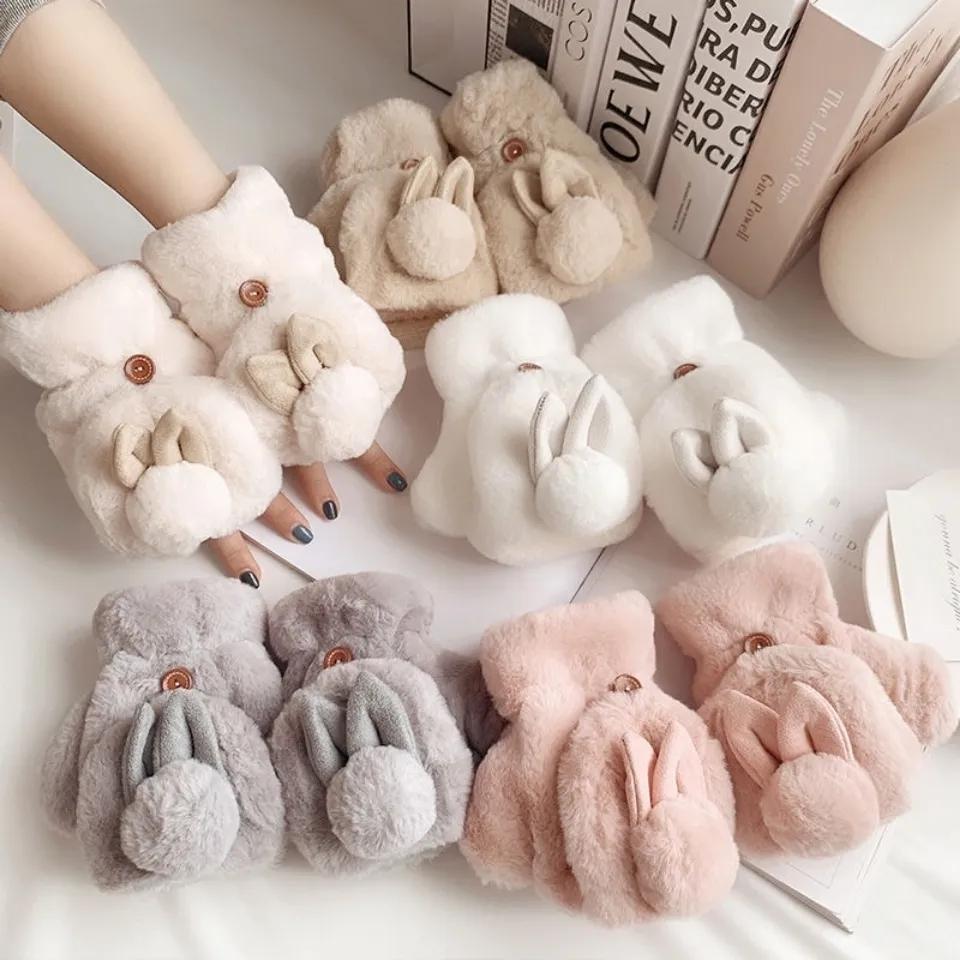 Cute Girl Gloves Winter Korean Version of Student Cute Rabbit Flip Open Finger Plush Plus Velvet Gloves