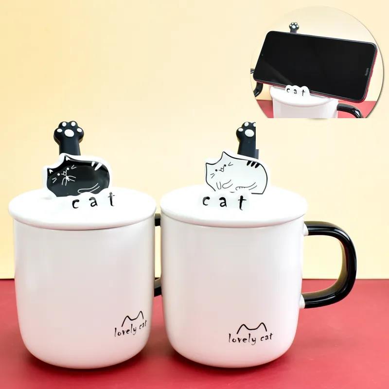 Mugs with Lid Spoon Cute Girl Cat Couple Cup Creative Ceramic Drinking Cup Coffee Cup Office Cup Tea Cup Can Be Used As Mobile Phone Holder