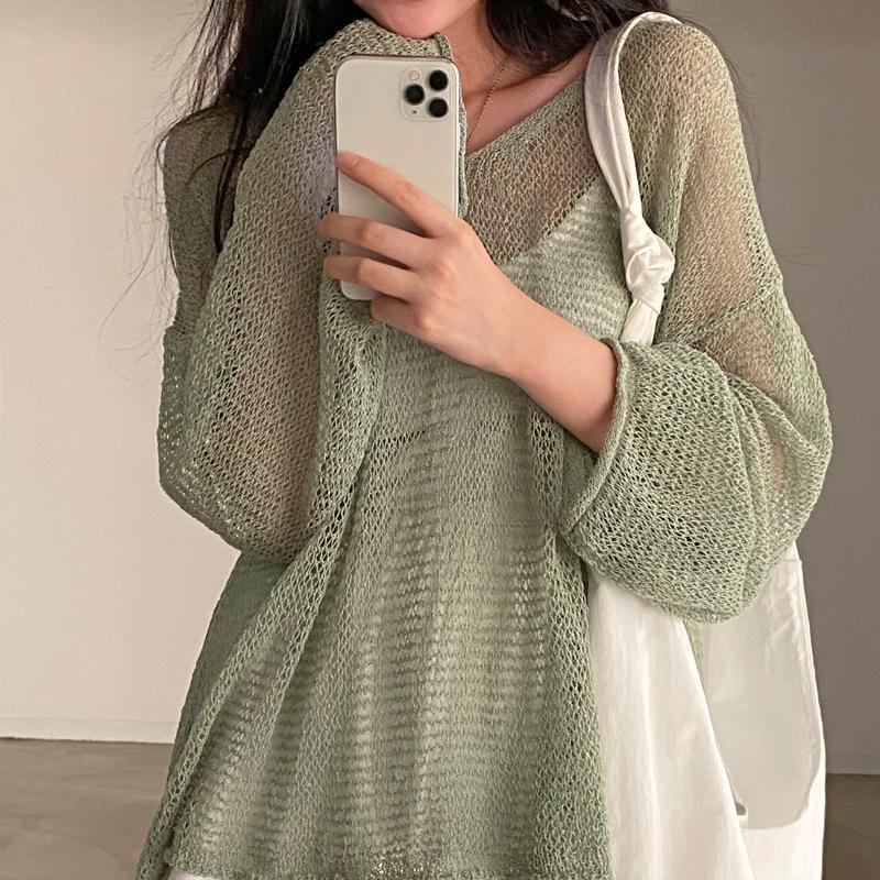 Women Casual Pullover Sweaters Lazy Style Long Sleeve Jumpers Knitted Tops Hollow Out Sexy Irregular Thin Sun Protection Knit Top Female Loose Blouse