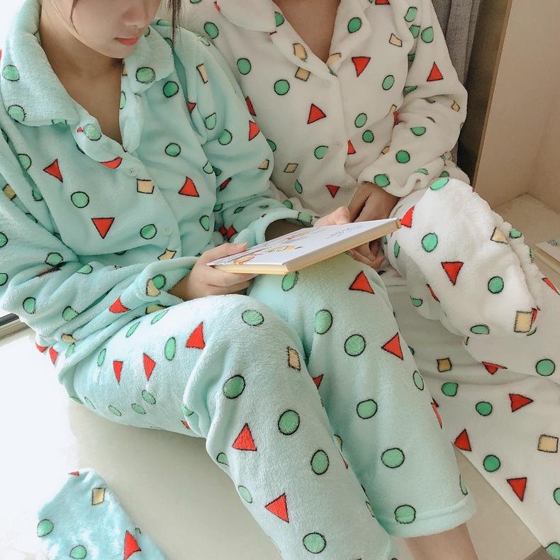 Flannel Cartoon Cute Pajamas Suit Women Winter Coral Fleece Homewear Autumn Thickening Sleepwear Set Geometry Winter Warm Nightwear Top and Pant Sets