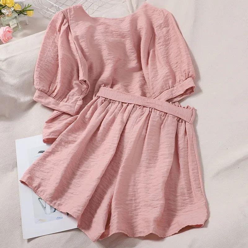 Suit Women Summer Square Collar Bubble Sleeve Short Sleeve Top Elastic High Waist Wide Leg Shorts Two-piece Suit Ladies Casual Suit Shirt + Shorts