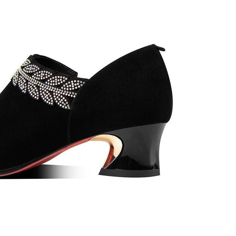 Women's Shoes Rhinestone Pointed Toe Mid-heel Chunky Heel Shoes Women's Matte Black Deep-mouth Shoes Women's High Heels