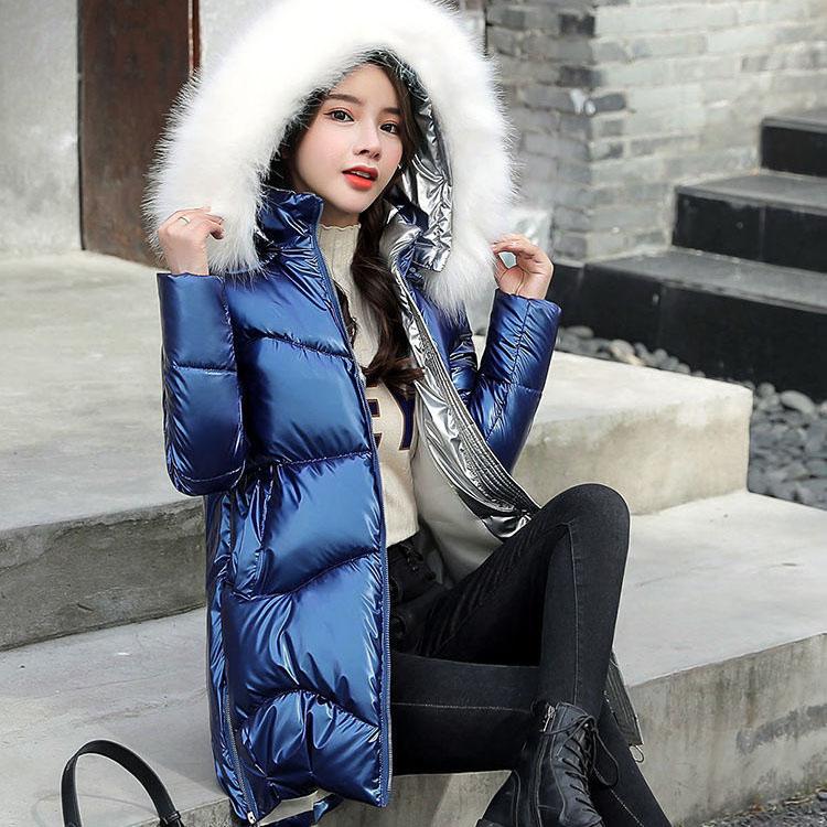 Women's Winter Mid-length Parkas Jackets Female Casual Thicken Warm Hooded Jackets Coats Windproof Shiny Parka Coat with Fur Collar