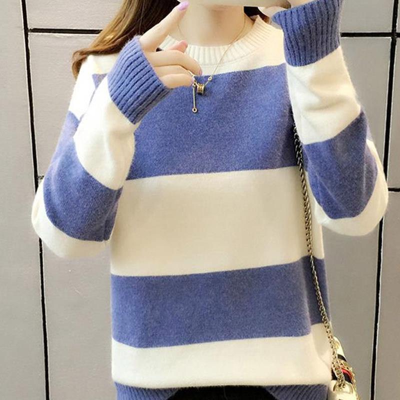 Loose blouse sweater female autumn and winter dress round neck long sleeve fashion striped sweater