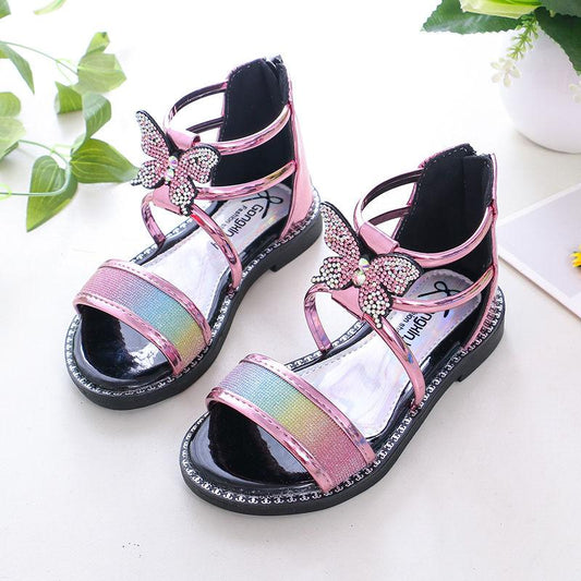 Girls Sandals Summer Korean Princess Sandals Rhinestone Roman Sandals Non-slip Soft Bottom Big Kids