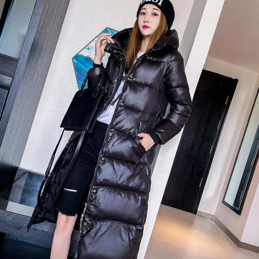 Down Cotton Jacket Winter Thicken Warm Loose Fashion Color Glossy Disposable Stand Collar Mid-length Cotton Jacket Women