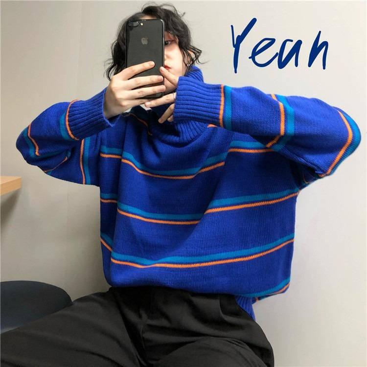 Pofulove Autumn Winter Korean Turtleneck Sweater Women Loose Student Stripes bf Wild ins Sweater