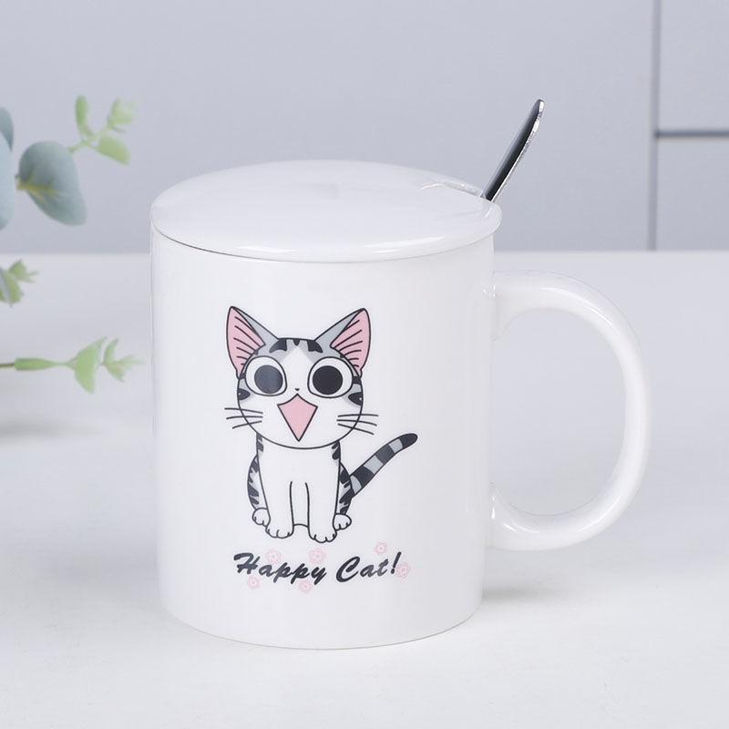 Cheese Cat Cup Male and Female Students Korean Cute Drinking Cup Ceramic Mug with Lid with Spoon Cartoon Private House Cat