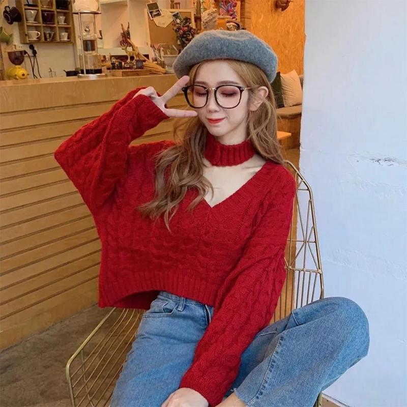 Sweater Design Knit Sweater Top Women's Autumn Winter New Short V-neck Halter Loose Knitted Sweater