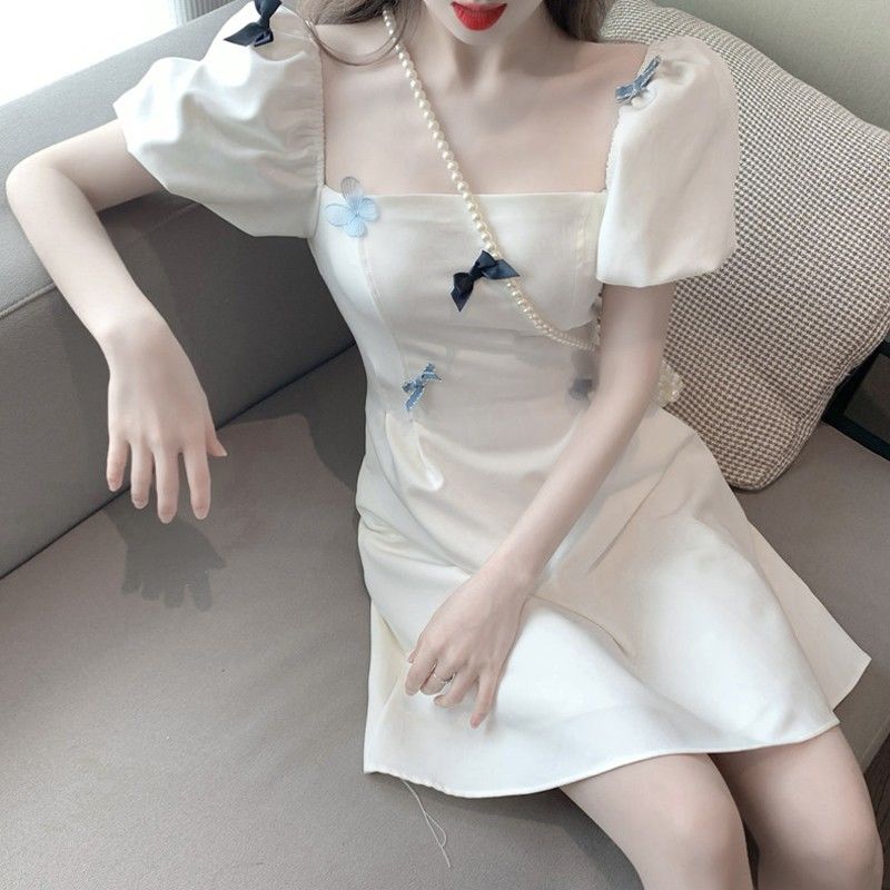 Ladies Summer French Elegant Sweet Square Neck White Thin Short Bow Bubble Sleeve A-line Dress