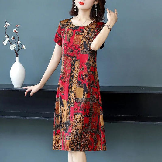 Ice Silk Retro Printed Dress Mid-length Fat Straight Skirt Round Neck Short-sleeved Ladies Loose Casual Dress Fabric Smooth Soft Light and Breathable