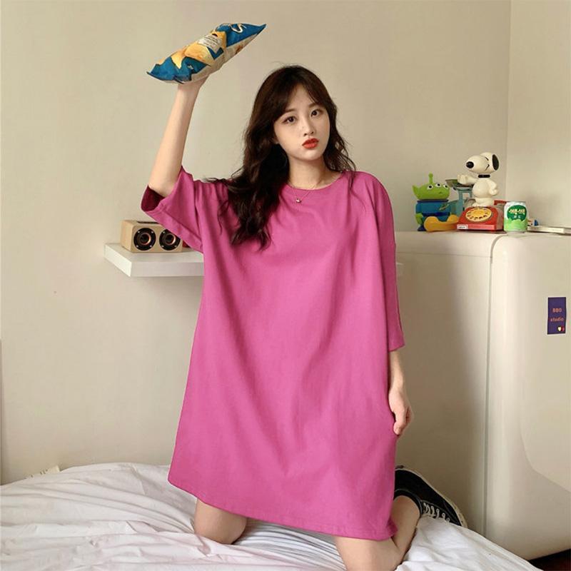 Solid Color Long Skirt Girls Short-sleeved Loose BF Style Pajamas Can Be Worn As Home Clothes