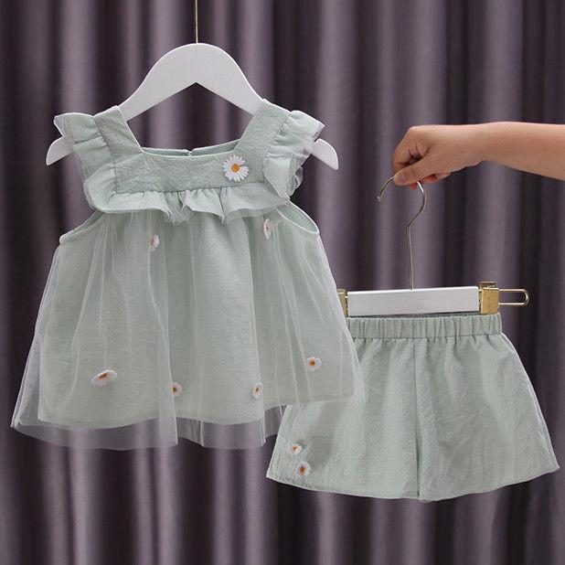 2PCS Children Clothing Set Spring Summer Girls Suits Embroidery Sleeveless Tops + Pants Clothing Set