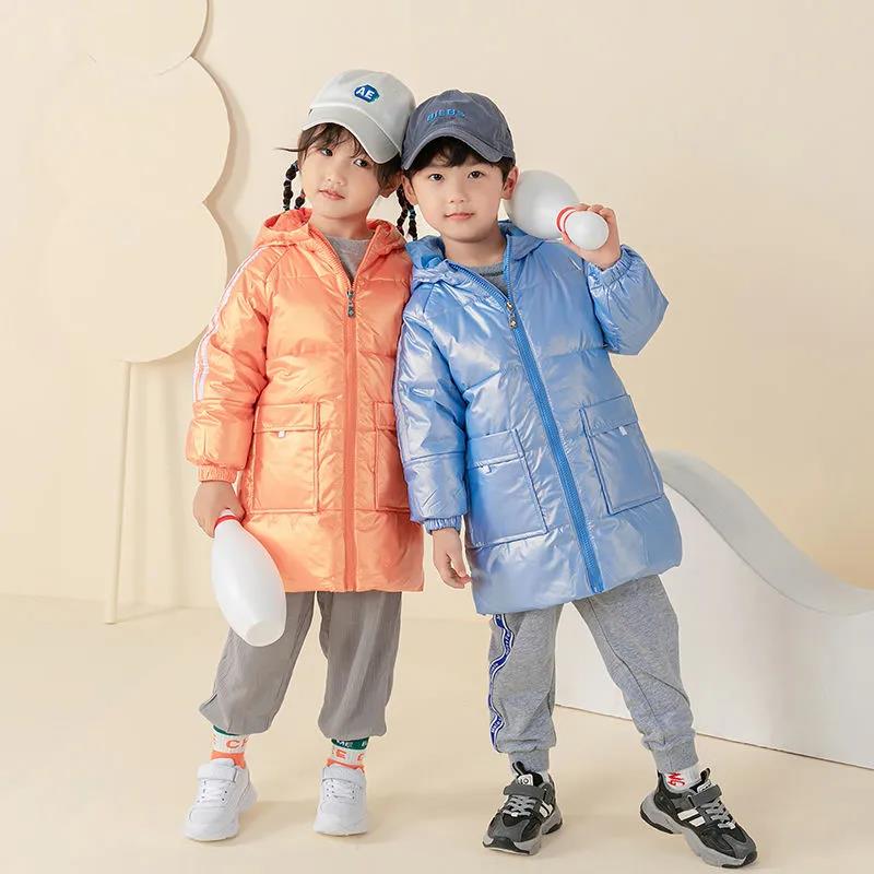 Children's Down Jackets Medium-length Boys and Girls White Duck Down Jackets Thick Warm Shiny and Wash-free Hooded Children's Wear