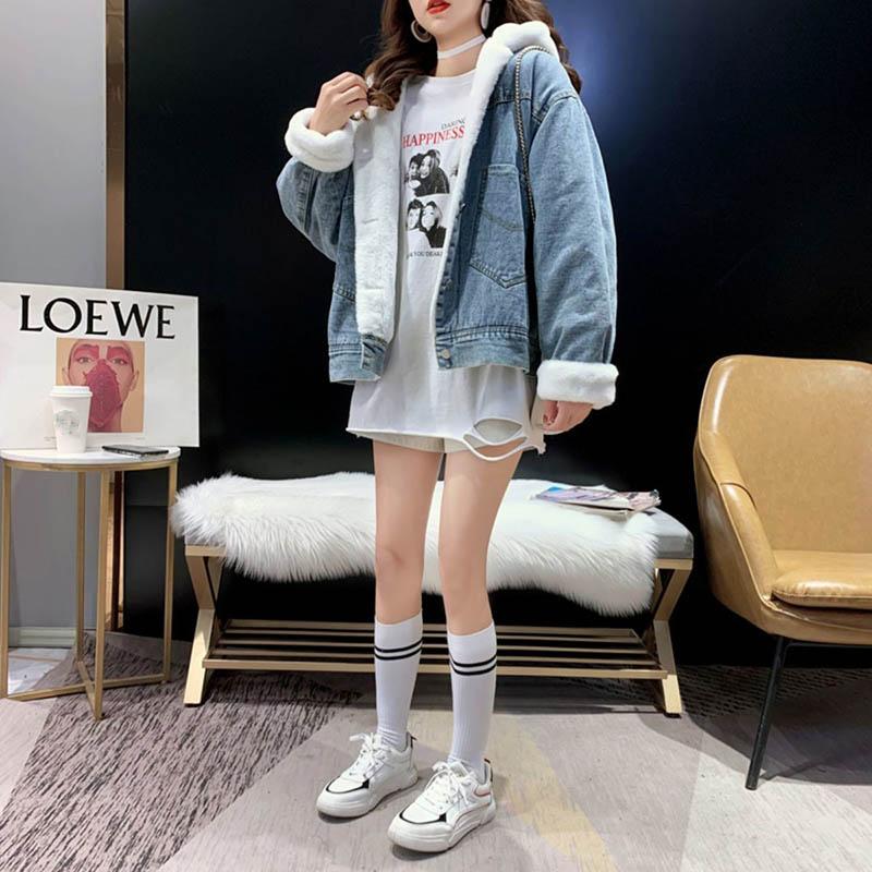 Denim and Lamb Velvet Stitching Jacket Women Plus Velvet Thick Loose Loose Style Autumn and Winter Cardigan All-match