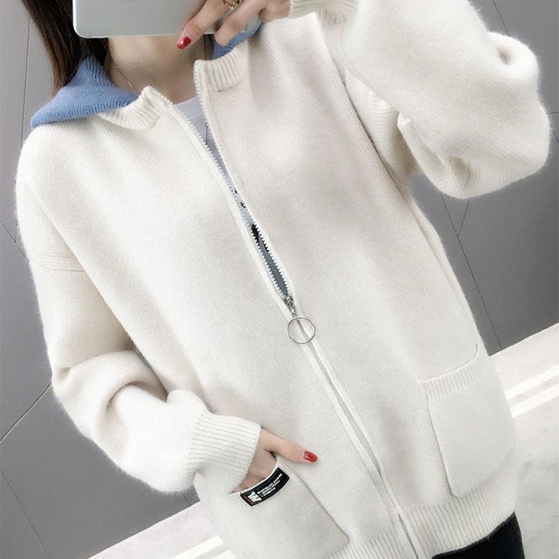 Autumn and Winter Cardigan Hooded Coat Loose Contrast Color Knitted Sweater Zipper Casual Women's Top