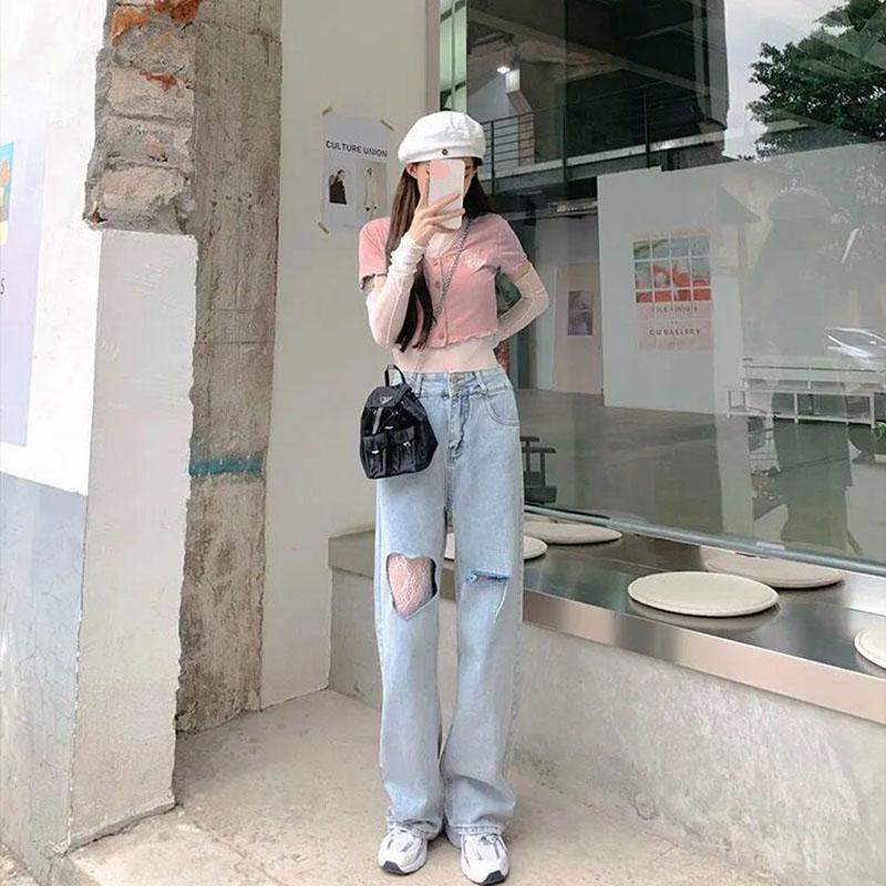 Ripped Jeans Women's Summer High-waisted Pants Korean Style Loose and Thin Straight-leg Pants