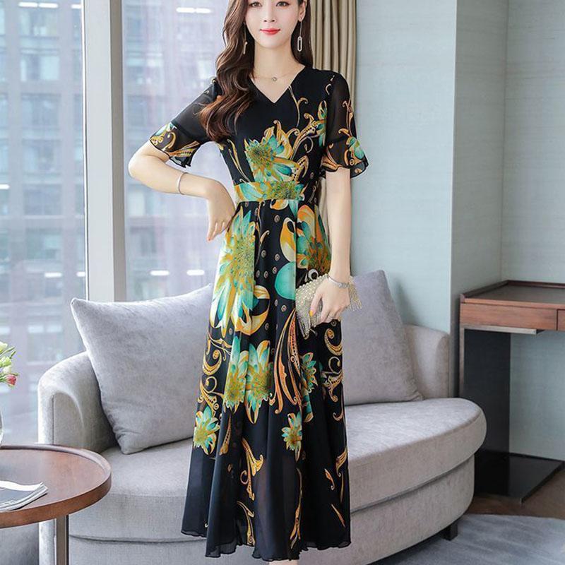 Women's Slim A-line Skirt Summer Short Sleeve Long Floral Large Size Dress