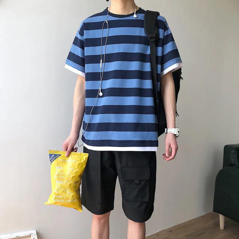 Five-point T-shirt Male Korean Version of The Youth Loose Boy Short-sleeved Trend Clothes Student Summer Striped Half-sleeved T-shirt