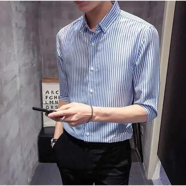 Men's Spring and Summer Striped Long-sleeved Shirt Black and White Plaid Shirt Casual Trend Bottoming Shirt