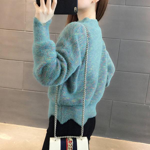 Autumn Winter Korean Knitwear Women Knit Pullover Sweater Tops High-neck Thick Mohair Colorful Rainbow Sweater Outwear