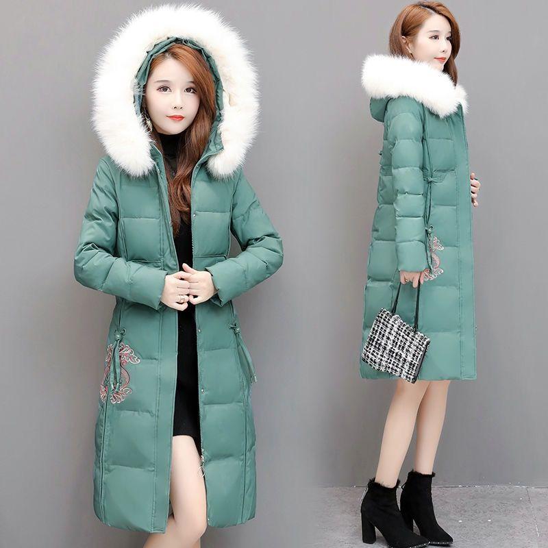 Winter Chinese Style Embroidered Down Women's Mid-length Temperament Is Thin and Slim, Large Fur Collar Hooded Padded Jacket