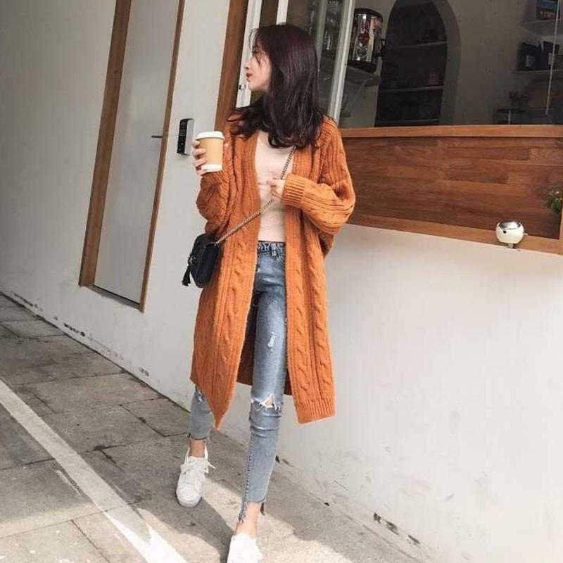 Autumn and Winter Loose Cardigan Sweater Thick Solid Color Knitted Top Mid-length Casual Women's Sweater