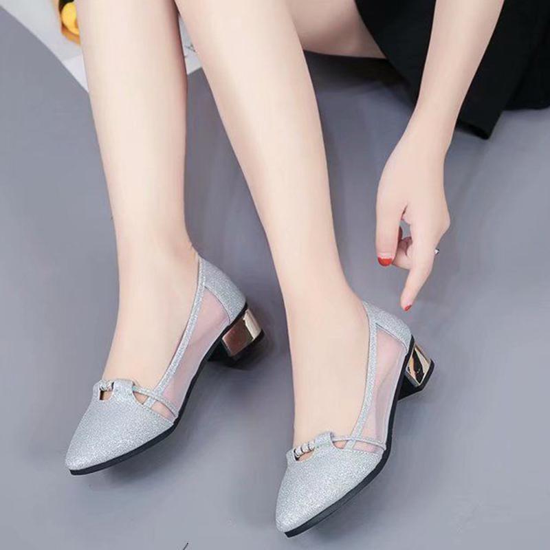 Pointed Toe Polished Yarn Sequined Mesh Ladies Rhinestone Mid-heel Chunky Casual Sandals High Heels Ladies Mid-heel High Heels