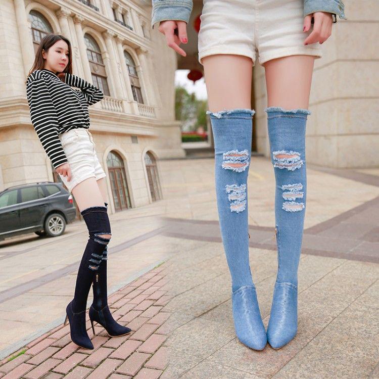 High Boots Female Pointed High-heeled Hole Denim Skinny Legs Over The Knee Boots Single Boots 35-42