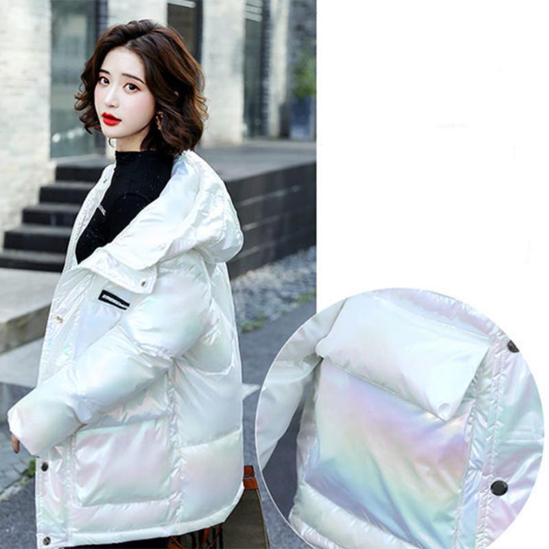 Women's Glossy Mid-length Down Jacket Winter Korean Style Loose Cotton Clothes Casual Hooded Padded Jacket