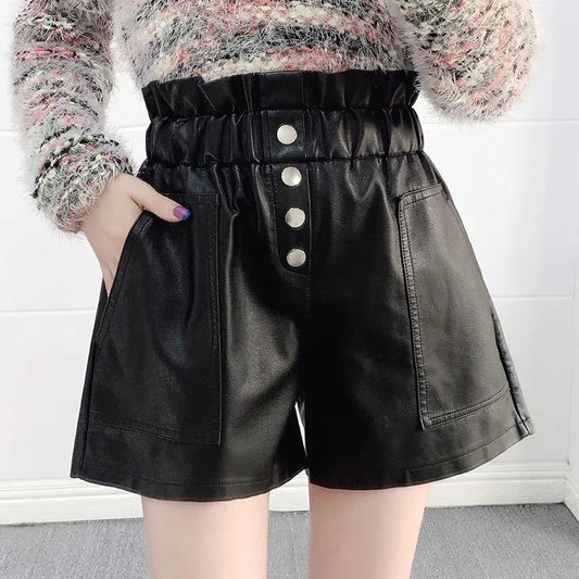 Autumn and Winter PU Leather Pants Women's Shorts Loose Korean Version of A Word All-match Thin Outer Wear Wide-leg Pants Boots Pants