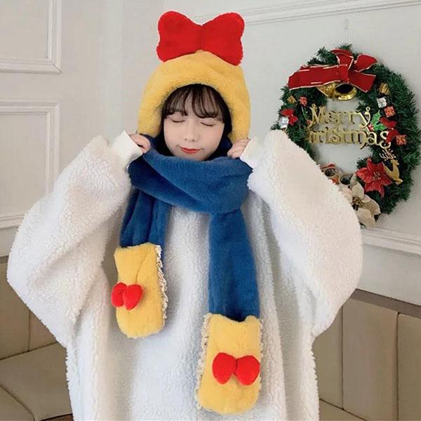 Women's Winter Hat Female Warm Plush Versatile Hat Scarf Gloves Three Piece Set Girl's Lovely Princess Hat