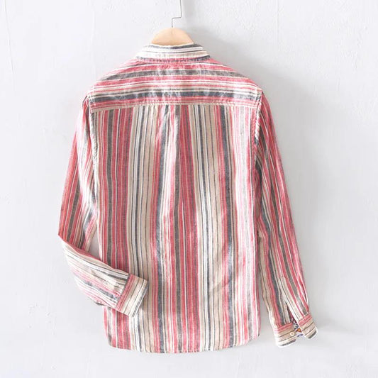 Spring and Summer Color Matching Striped Long-sleeved Linen Shirt Men's Casual Thin Section Youth Art Loose Cotton and Linen Shirt