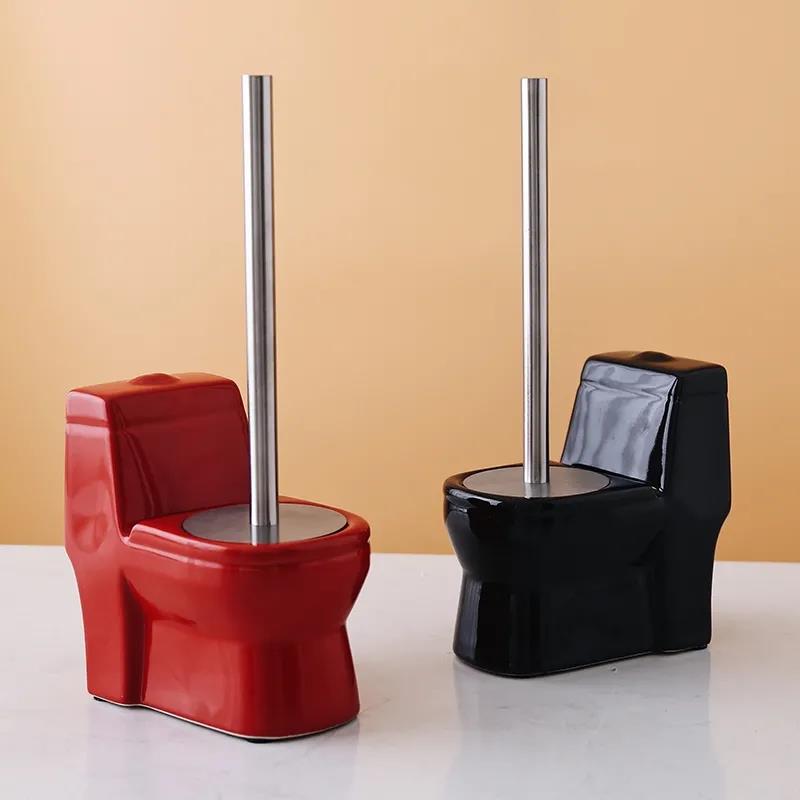 Creative Handmade Toilet Brush Holder Set Creative Bathroom Cleaning Ceramic Long Handle Free Punching Toilet Brush