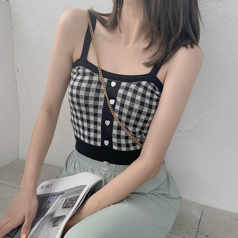 Retro Sweet Plaid Pattern Knit Camisole Cotton Sexy Slim Women's Bottoming Crop Top