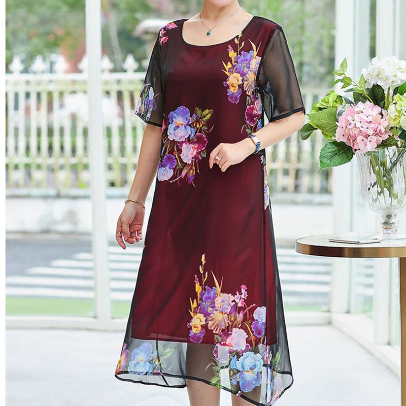 Large Size Middle-aged Women's Summer Dress Over The Knee Middle-aged Mother's Summer Dress Chiffon Short-sleeved Skirt Loose