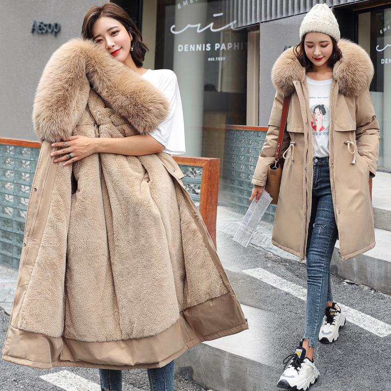 Winter Women's Cotton-padded Jacket Mid-length Large Fur Collar Plus Fleece Down Padded Jacket Padded Coat