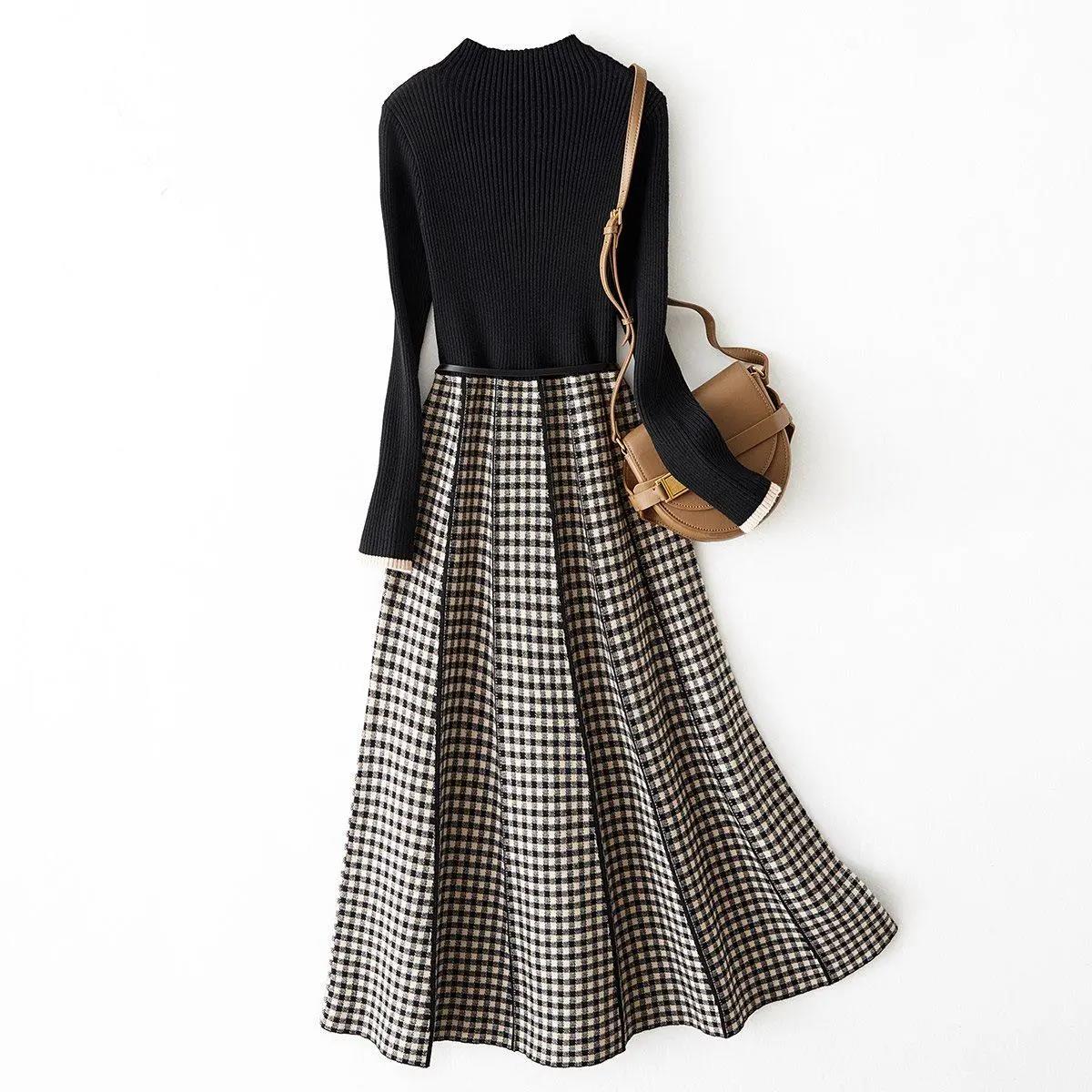 2021 Autumn Dress Simple and FashionableThin Checkered Color Matching Commuter Temperament Waist Knit Dress Women