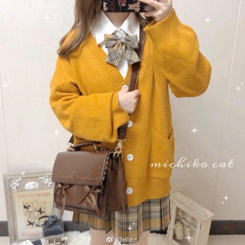 Homemade core-spun yarn v-neck JK uniform with sweater coat knitted cardigan loose lantern sleeve female autumn