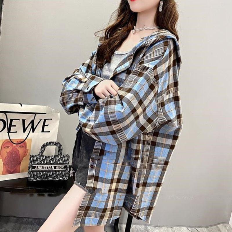 Women Plaid Shirt Retro Contrast Color Cotton Coat Casual Hooded Button Shirt for Youth