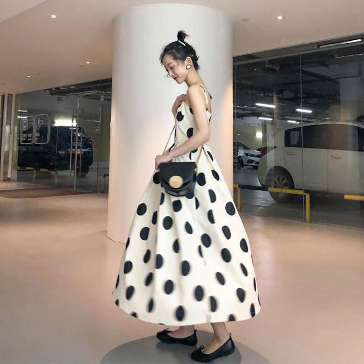 2020 Long Split Vestidos Women Straps Sleeveless Summer Sundress Polka Dot Printed Dress Female