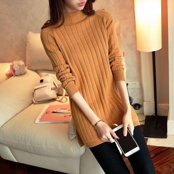 Women Round Collar Warm Pullover Sweater Dress Stripe Knitted Bottoming Shirt Knit Dress