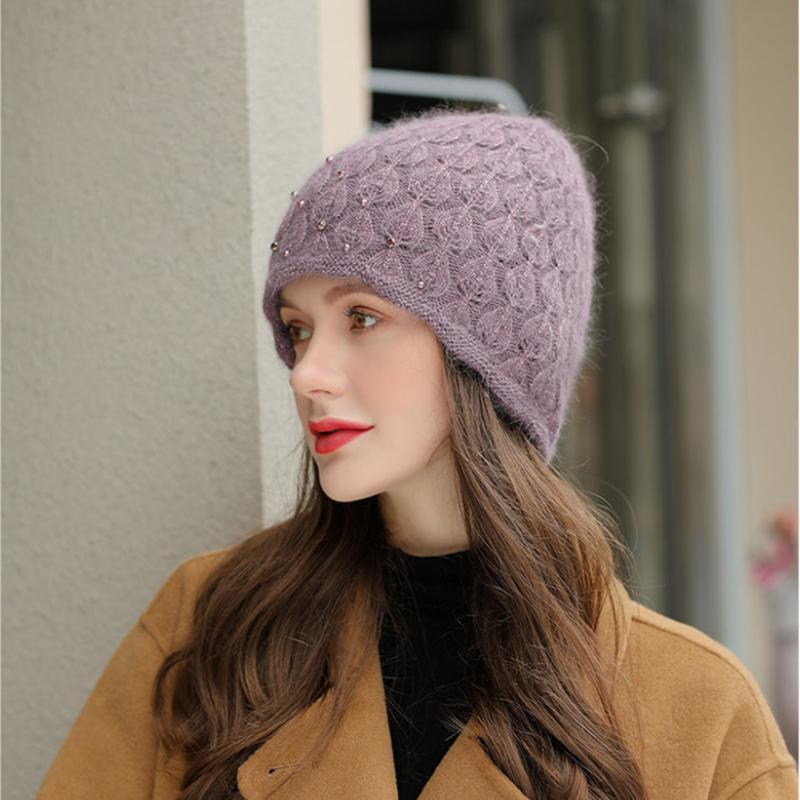 Women's Hat Autumn Winter Thickening Warm Beret Hat Cold-proof Rabbit Fur Blended Knitted Hat Windproof Beanies Cap Headgears Solid Pearl Decor Hat