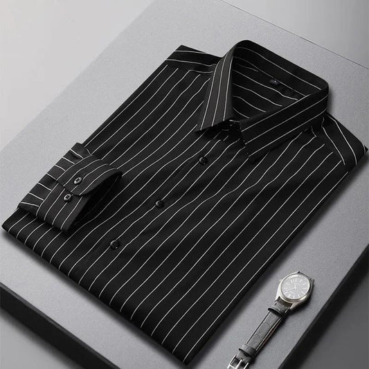 Spring and Autumn Long-sleeved Shirts Gray Striped Shirts Men's Business Casual Plus Size Shirts Men's Slim Fit Non-iron Shirts