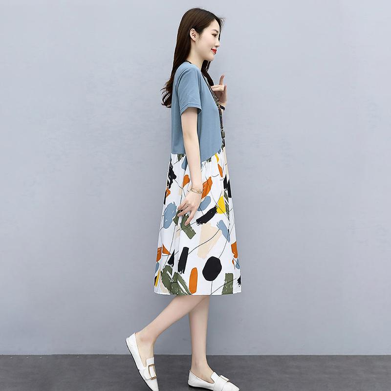 Broken Flower Loose Dress Women Loose Cover Belly Slimming Casual A-line Skirt Women Round Neck Short Sleeve Stitching Flower Color Dress