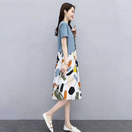 Broken Flower Loose Dress Women Loose Cover Belly Slimming Casual A-line Skirt Women Round Neck Short Sleeve Stitching Flower Color Dress