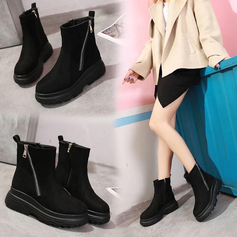 Women's High-rise Short Boots Autumn and Winter Korean Style Comfortable Plus Velvet Thick-soled Slope with Martin Boots Wild Round-toe Cotton Boots