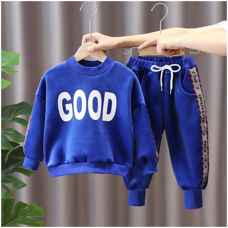 2021 Children's Clothing Plus Fleece Boy Middle and Small Children's Sweater Suit Double-sided Fleece Baby Casual Korean Two-piece Suit