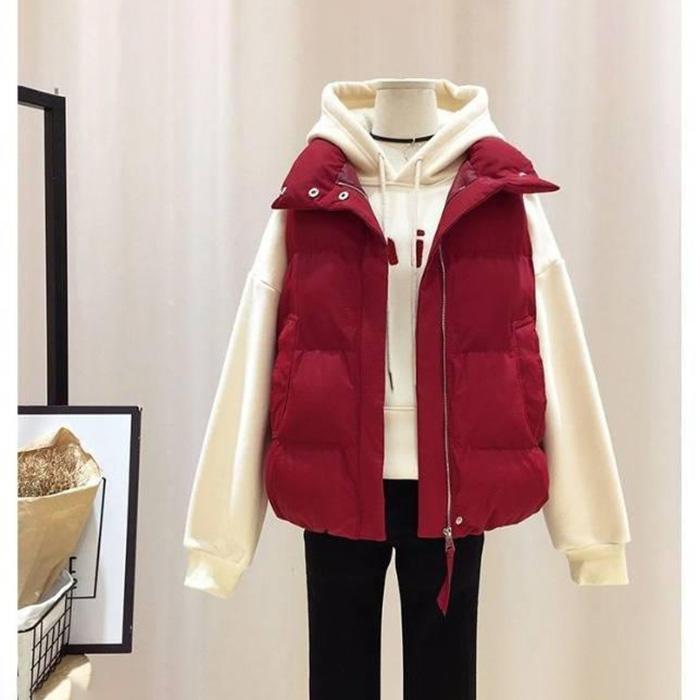 Large Size Stand-up Collar Down Padded Jacket Women's Short Autumn and Winter All-match Loose Waistcoat Waistcoat Warmth Padded Padded Jacket