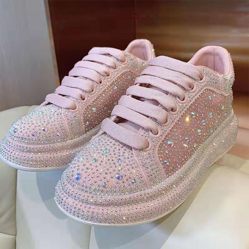 Women's Summer Platform Shoes Thick Bottom Full Diamond Fashion All-match Sneakers Sports Casual Shoes Shining Rhinestone Small White Shoes